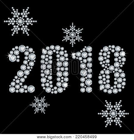 The crystals 2018 year from diamond on a black background and snowflakes