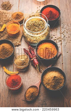 Indian colourful spices. Group photo of four basic Indian spices like raw red chilli, turmeric, coriander and cumin powder. selective focus