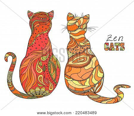 Zen cats. Design Zentangle. Hand drawn cat with abstract patterns on isolation background. Design for spiritual relaxation for adults. Zen art