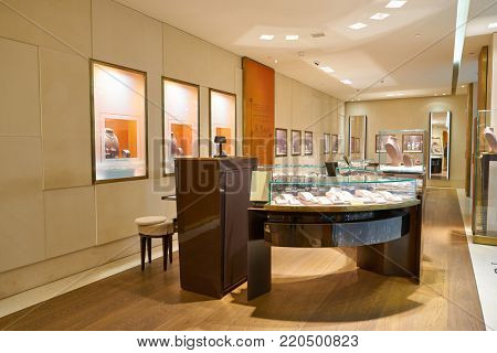MILAN MALPENSA, ITALY - CIRCA NOVEMBER, 2017: inside Bulgari shop in Milan-Malpensa airport. Bulgari is an Italian jewelry and luxury goods brand.