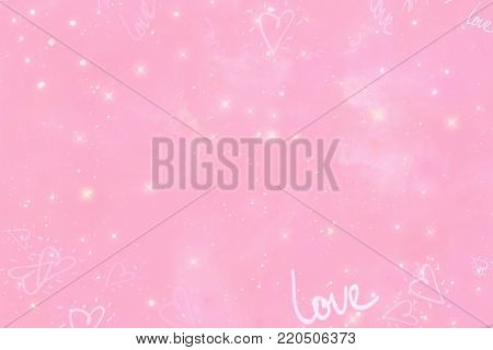 Abstract pink shimmering background with painted hearts and the word love. The concept of Valentine`s day