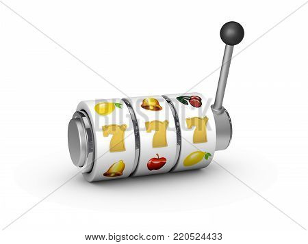 3d Illustration of Slot machine with lucky sevens jackpot.