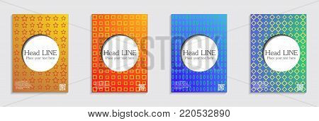Vector journal design geometric shape background set, halftone lines hipster pattern abstract covers collection.