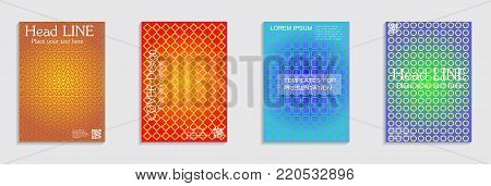 Vector journal design geometric shape background set, halftone lines hipster pattern abstract covers collection.