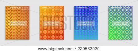 Vector journal design geometric shape background set, halftone lines hipster pattern abstract covers collection.