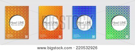 Vector journal design geometric shape background set, halftone lines hipster pattern abstract covers collection.