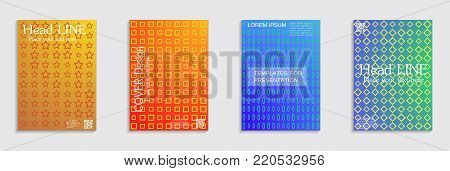 Vector journal design geometric shape background set, halftone lines hipster pattern abstract covers collection.