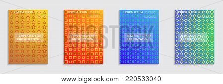 Vector journal design geometric shape background set, halftone lines hipster pattern abstract covers collection.