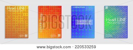Vector journal design geometric shape background set, halftone lines hipster pattern abstract covers collection.