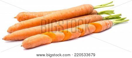 Group of fresh long orange carrots and its sliced quarters isolated on white background