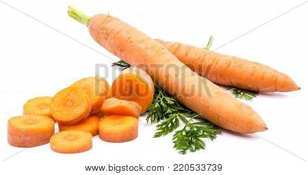 Group of two whole orange carrots with fresh green leaf and round circles isolated on white background