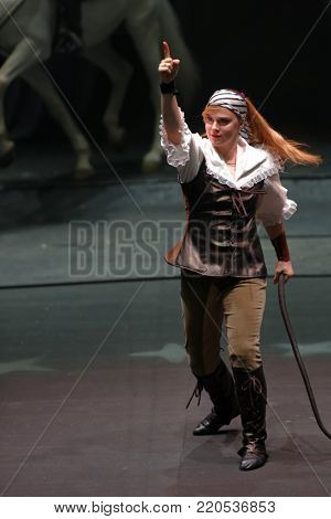 ST. PETERSBURG, RUSSIA - DECEMBER 28, 2017: Violetta Alexandrova-Serge in the premiere of the show Show Queen by Great Moscow circus. The show created by Zapashny brothers circus