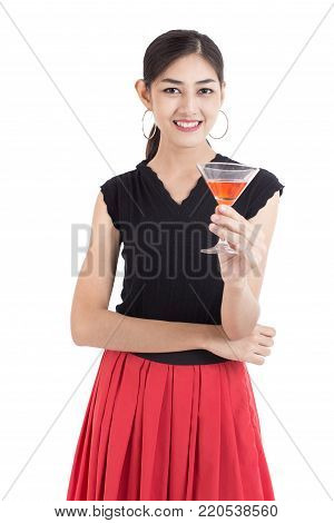 Beautiful Asian Woman Holding Cocktail Drink With Happy Emotion. People Lifestyle Concept. Isolated