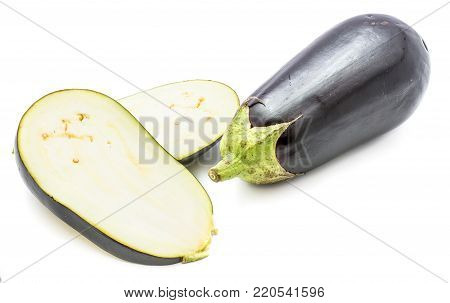 One whole and two halves eggplant (aubergine), longitudinal section, isolated on white background