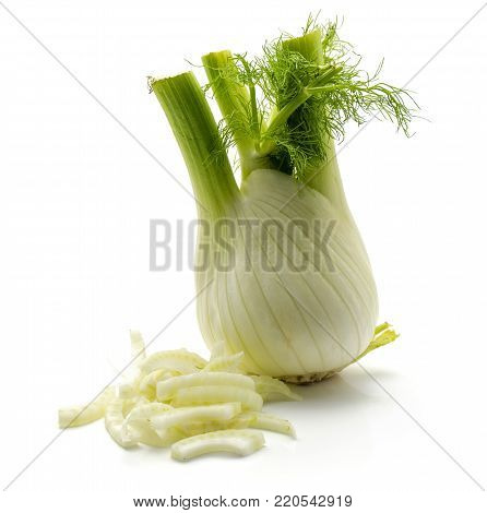 Florence fennel isolated on white background one whole bulb and blanched pieces