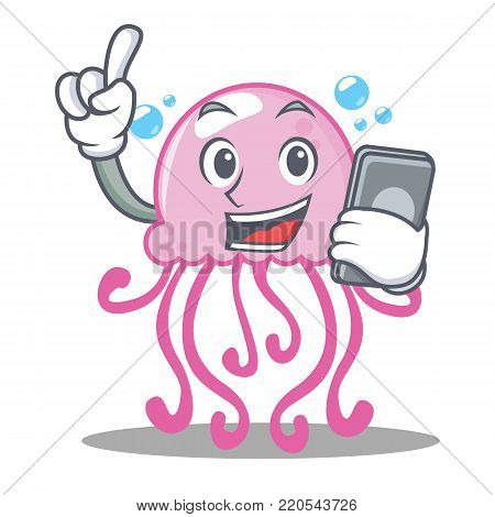 With phone cute jellyfish character cartoon vector illustration