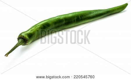 One whole Chilli pepper, green Cayenne, isolated on white background