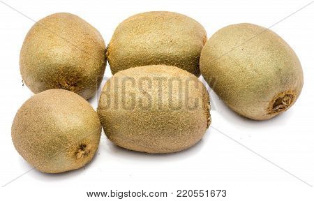 Group of five whole fuzzy kiwi fruits (Chinese gooseberry) isolated on white background