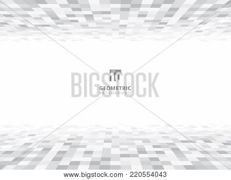 Abstract squares geometric gray and white perspective background with copy space. Pixel, Grid, Mosaic. Vector illustration