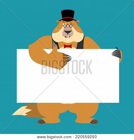 Groundhog day. Groundhog in hat holding banner blank. Woodchuck and white blank. Marmot thumb up and winks joyful emotion. place for text.  Vector illustration