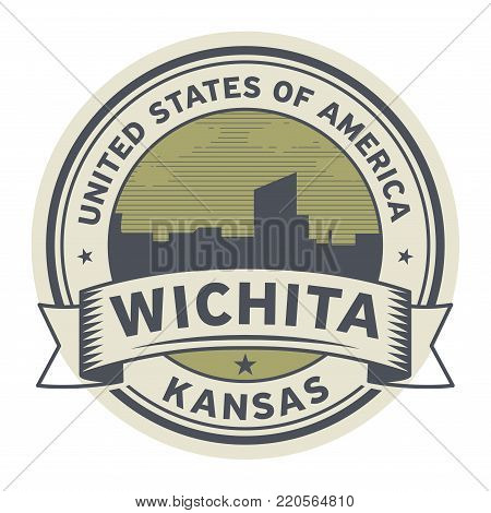 Stamp or label with name of Wichita, Kansas, USA, vector illustration