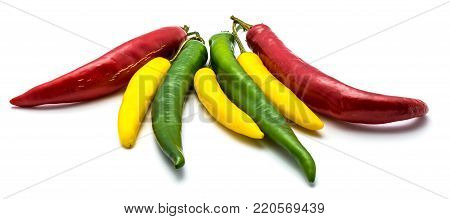 Group of three color whole Chili peppers isolated on white background