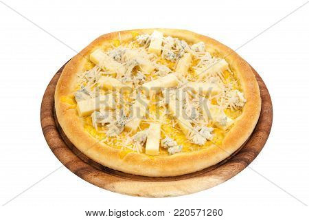 Classic Italian Pizza Four Cheese (Blue Cheese, mozzarella, Dorblu, Penicillium, Roquefort, Gorgonzola,parmesan)on wooden board isolated on white background