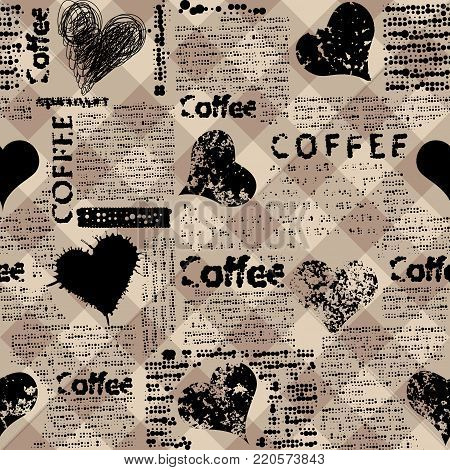 Coffee. Abstract coffee pattern on brown background with a lettring. Seamless pattern.