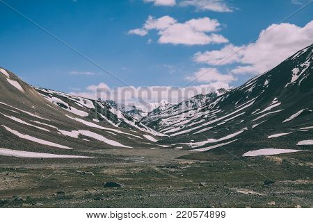 beautiful valley and snow capped mountains in Indian Himalayas, Ladakh region