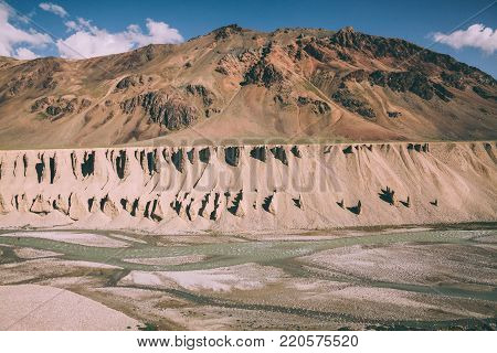 majestic natural formations and mountain river in Indian Himalayas, Ladakh region