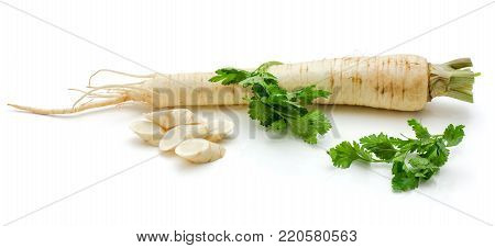 One whole parsley, sliced pieces, leaves, isolated on white background