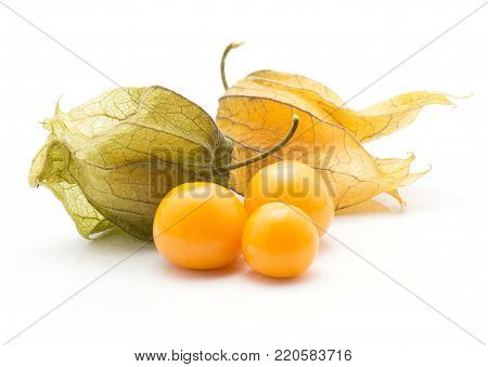 Physalis stack isolated on white background three orange berries and two in husk