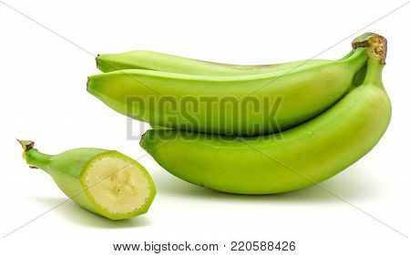 One plantain cluster and one cut slice isolated on white background