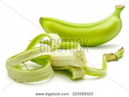 One whole plantain, one open and bitten plantain, isolated on white background