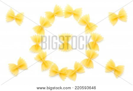 Raw farfalle like Korean flag top view isolated on white background