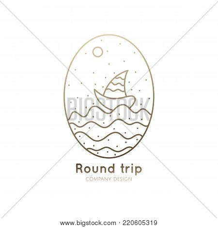 Abstract logo of a sailboat on waves. Vector icon ship in the sea. Outline oval emblems for design of business, holiday, travel agency, yachting club, voyage, round trip and cruise concept.