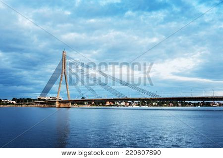 RIGA, LATVIA - August 28, 2017: The Vansu Bridge in Riga is a cable-stayed bridge that crosses the Daugava river in Riga