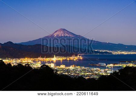Sunset of Mount Fuji and Shimizu Port in winter.