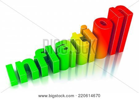 Red and green Word Inflation on up trend, with Growth inflation chart and word inflation on white backgroun. Illustrations 3d.