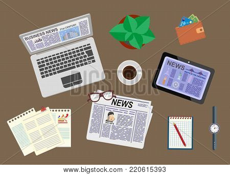 News and information. Business news and the market. Desk of a businessman. The view from the top.