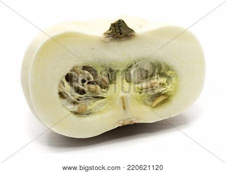 One white pumpkin half isolated on white background