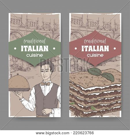 Set of two vintage traditional Italian cuisine labels with waiter, Ilalian pation and lasagna. Great for pizzeria, bakery and restaurant, cafe ads, brochures, labels.