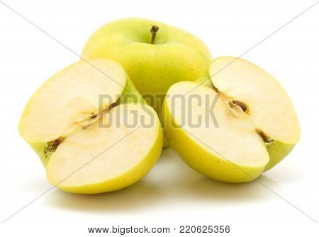 Apples (Smeralda variety) isolated on white background green yellow one whole one cut in half two cross section halves