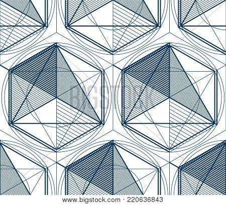 Geometric 3d lines abstract seamless pattern, vector background. Technology style engineering line drawing endless illustration. Single color, blac Usable for fabric, wrapping, web and print.