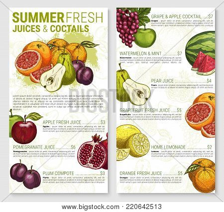 Fruit juices and cocktail price for restaurant of cafe menu. Vector sketch lemonade and compote drinks of apple, peach or pear, pomegranate or kiwi, tropical lemon and watermelon