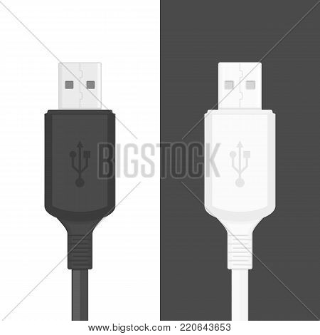 USB cable icon isolated on white and black background. Vector usb plug sign in flat style. Illustration EPS 10.