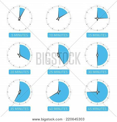 Clock face with different time. The timer icons set on 5, 10, 15, 20, 25, 30, 35, 40 and 45 minutes Time concept Can be used for infographic Vector illustration EPS 10