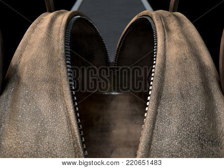 An empty open brown leather duffel bag with a zipper - 3D render