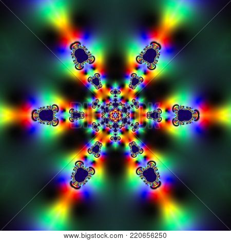 Fractal 2D texture. Computer generated. Beautiful mathematical patterns, visualized digitally. Mandelbrot set, sharp edges smooth gradients.  Snowflake symmetry (hexagonal)