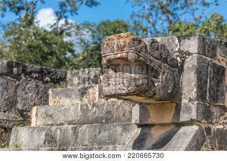 Mayan Jaguar Figurehead Sculptures at the Archaeological Site in Chichen Itza, Mexico